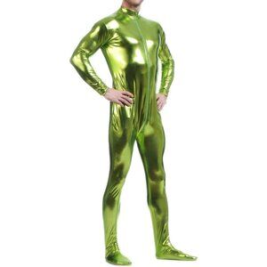Unisex Green Metallic Shiny Zentai Bodysuit Hoodless Adult Costume
